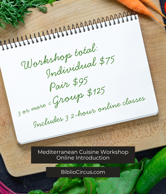 Online Introduction to Mediterranean Cuisine Workshop, prices on a cutting board surrounded by vegetables