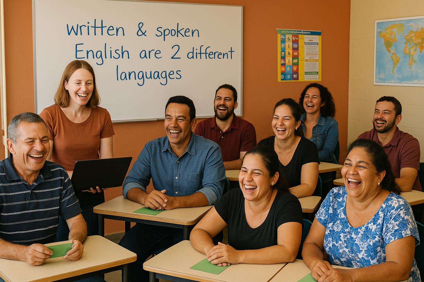 change the words on the board to "written & spoken English are 2 different languages" make the students costa rican and let some of them have the cards on the desk in front of them