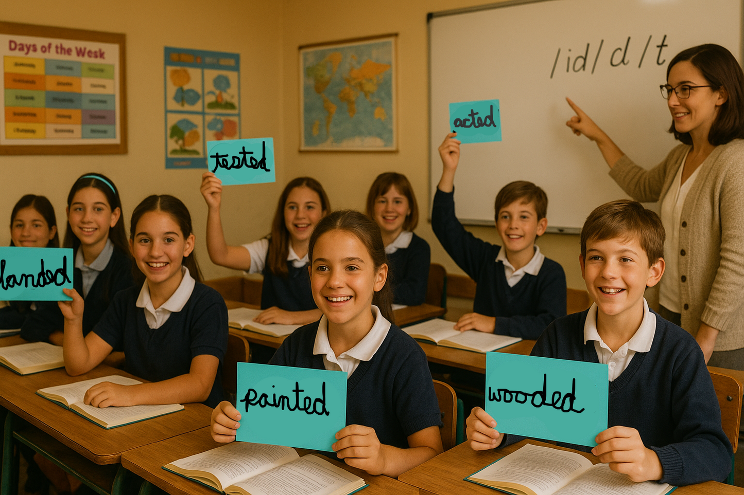 class of argentinian children using turquoise flashcards to help them remember the pronunciation of "ed" at the end of a word