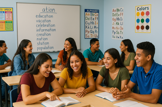 Keep the same except change the vocabulary on the whiteboard to a list of words in English that end in "ation"