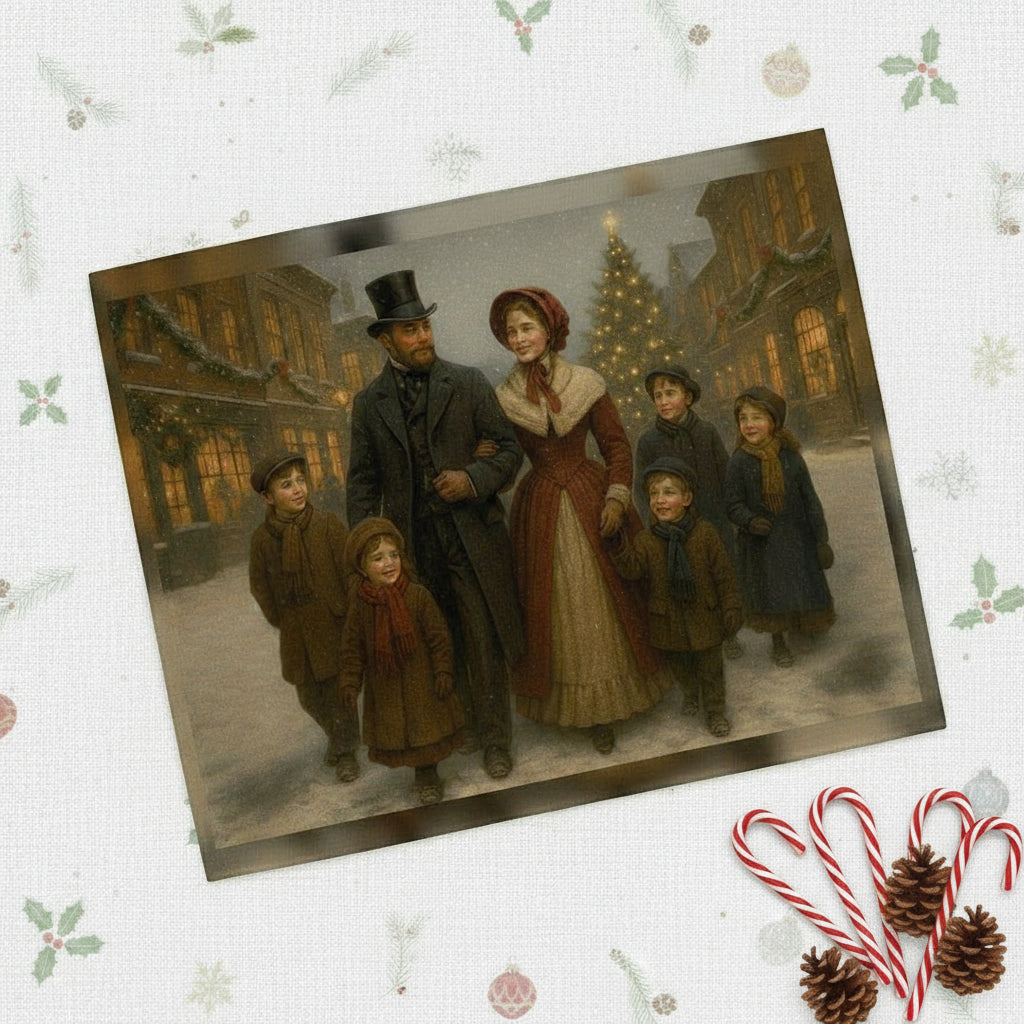 Vintage-style family portrait in a snowy street scene with festive decorations.