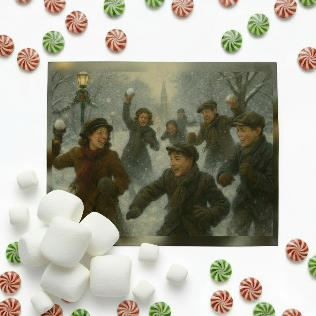 People playing snowballs in a snowy street with streetlights and trees.