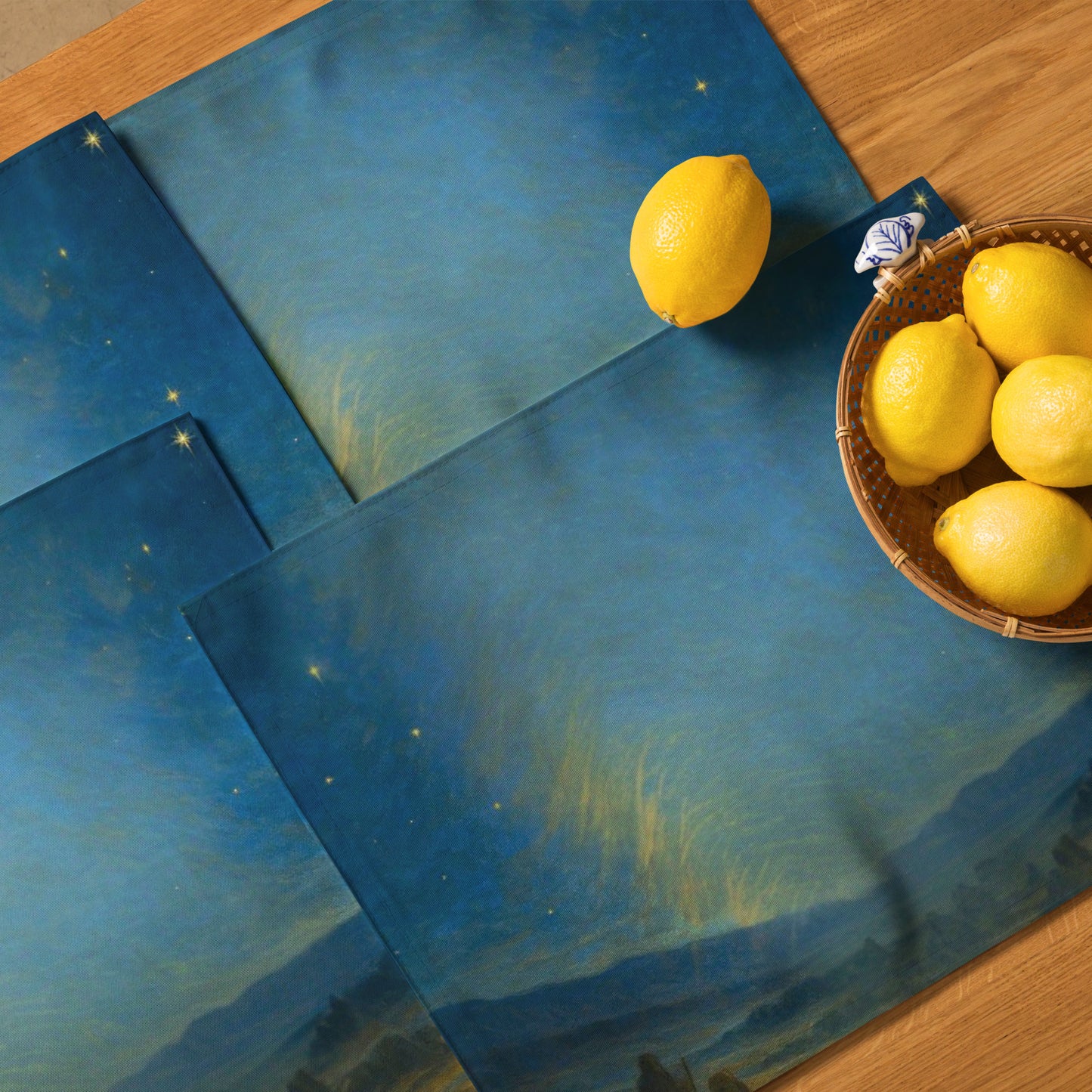 Blue placemats featuring shepherds in the foreground.