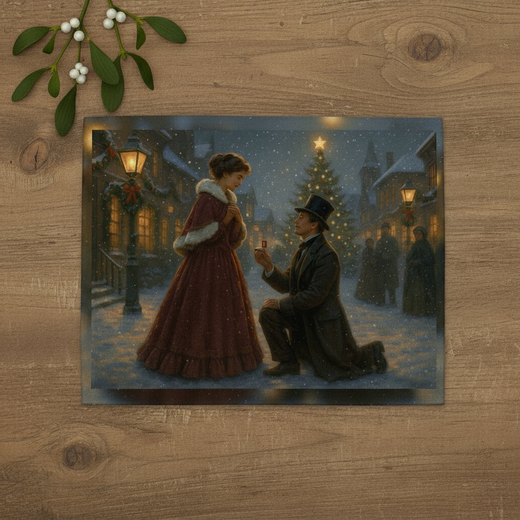 Vintage-style painting of a couple in a snowy street with a Christmas tree in the background.
