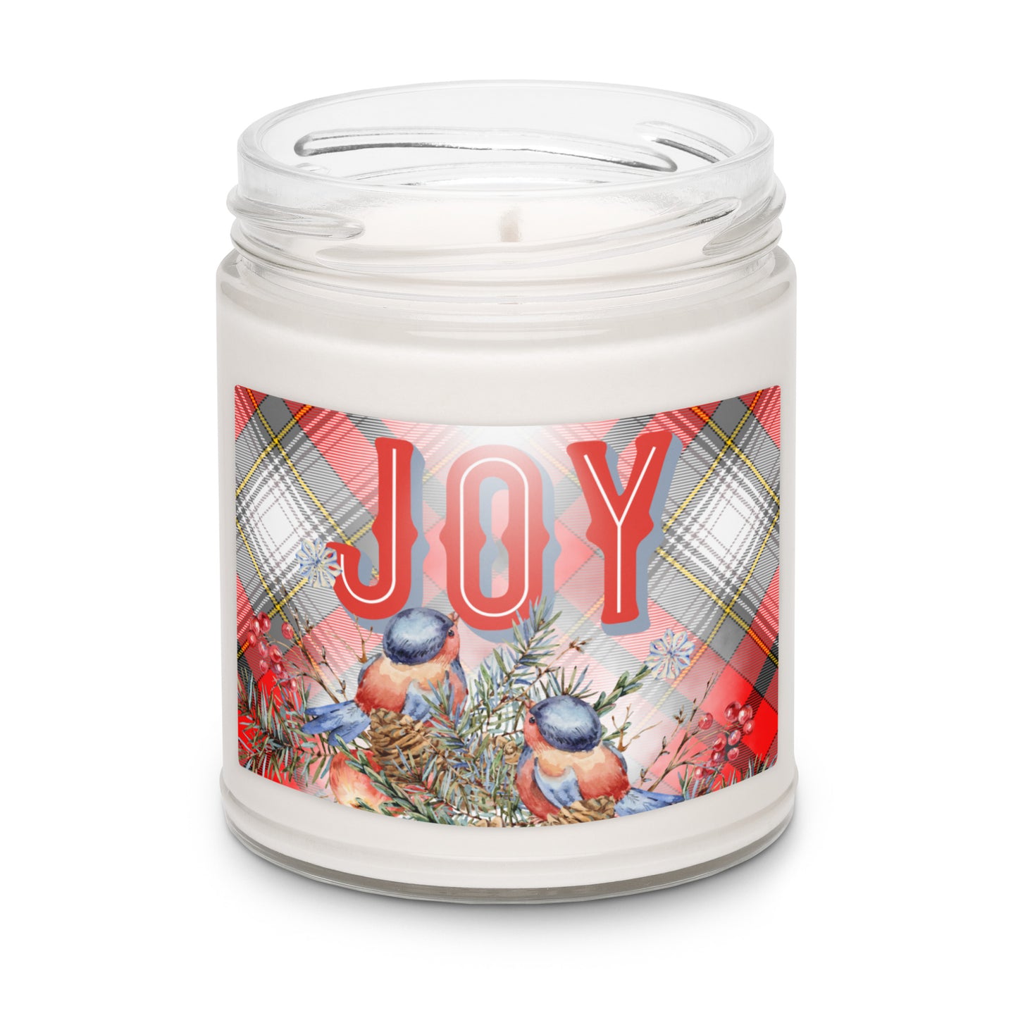 Candle in a jar (no lid) with red, white, grey, gold, and black tartan and two cute birds looking at the word "Joy."
