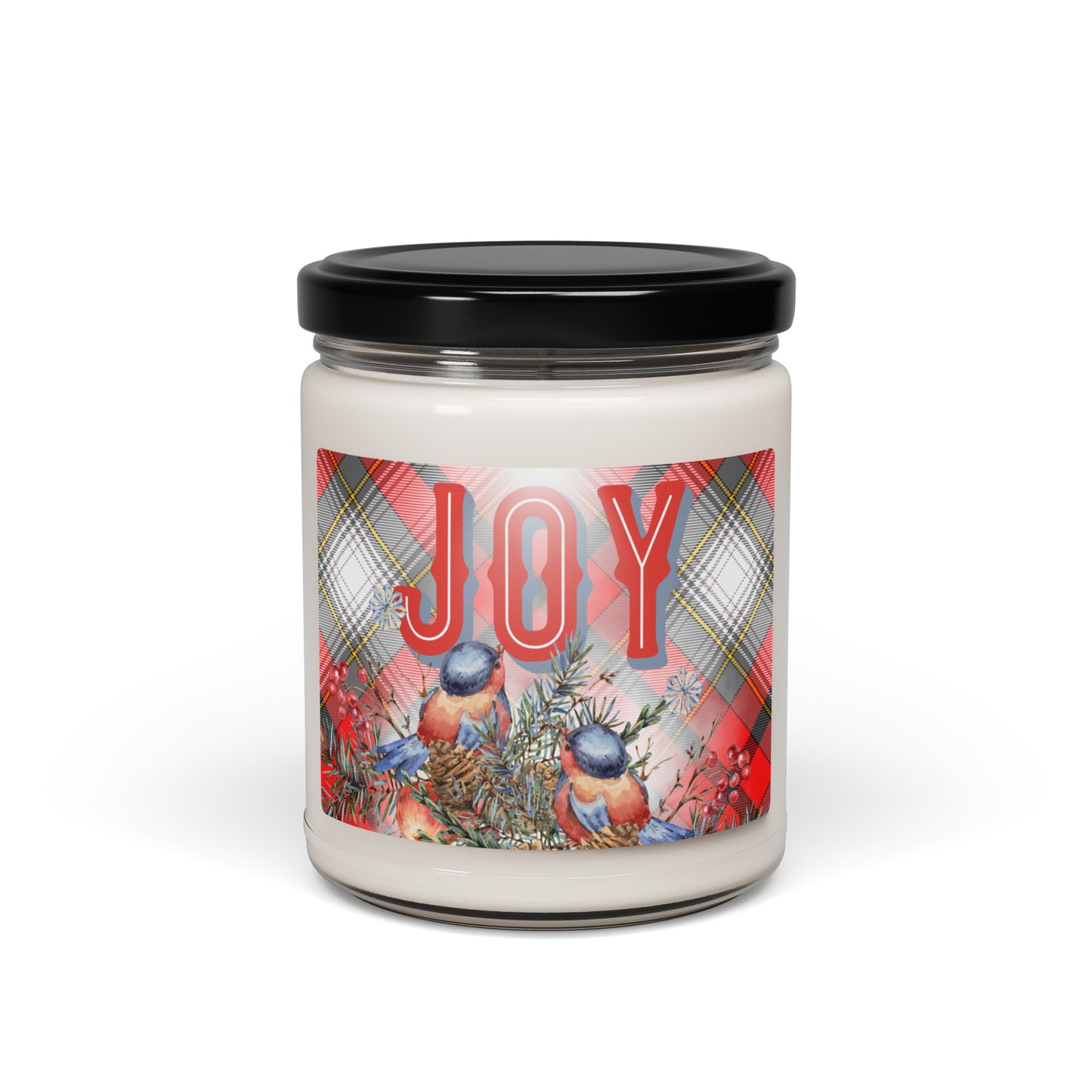 Candle in a jar with red, white, grey, gold, and black tartan and two cute birds looking at the word "Joy."