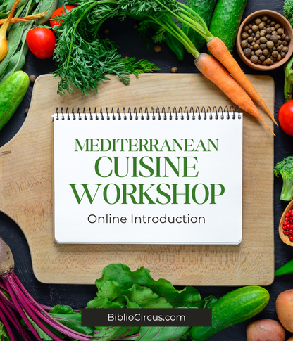 Online Introduction to Mediterranean Cuisine Workshop, title on a cutting board surrounded by vegetables