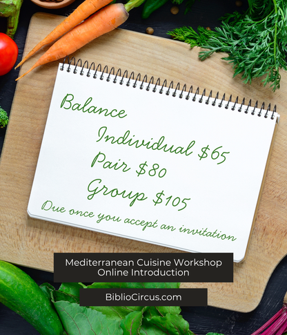 Online Introduction to Mediterranean Cuisine Workshop, balance remaining on a cutting board surrounded by vegetables