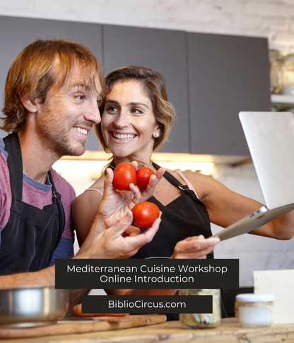Online Introduction to Mediterranean Cuisine Workshop, young couple having a blast in the kitchen together in the online cooking class
