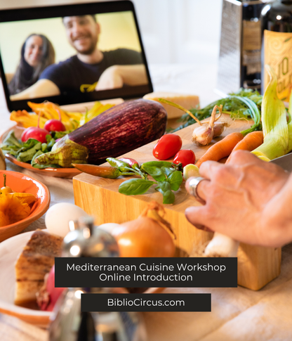 Online Introduction to Mediterranean Cuisine Workshop, on screen while cutting vegetables