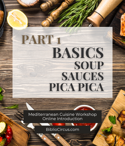 Online Introduction to Mediterranean Cuisine Workshop, Part 1 on wooden table with vegetables, species and cooking instruments