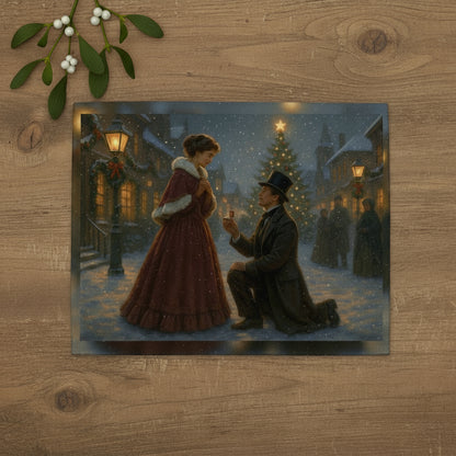 Vintage-style painting of a couple in a snowy street with a Christmas tree in the background.
