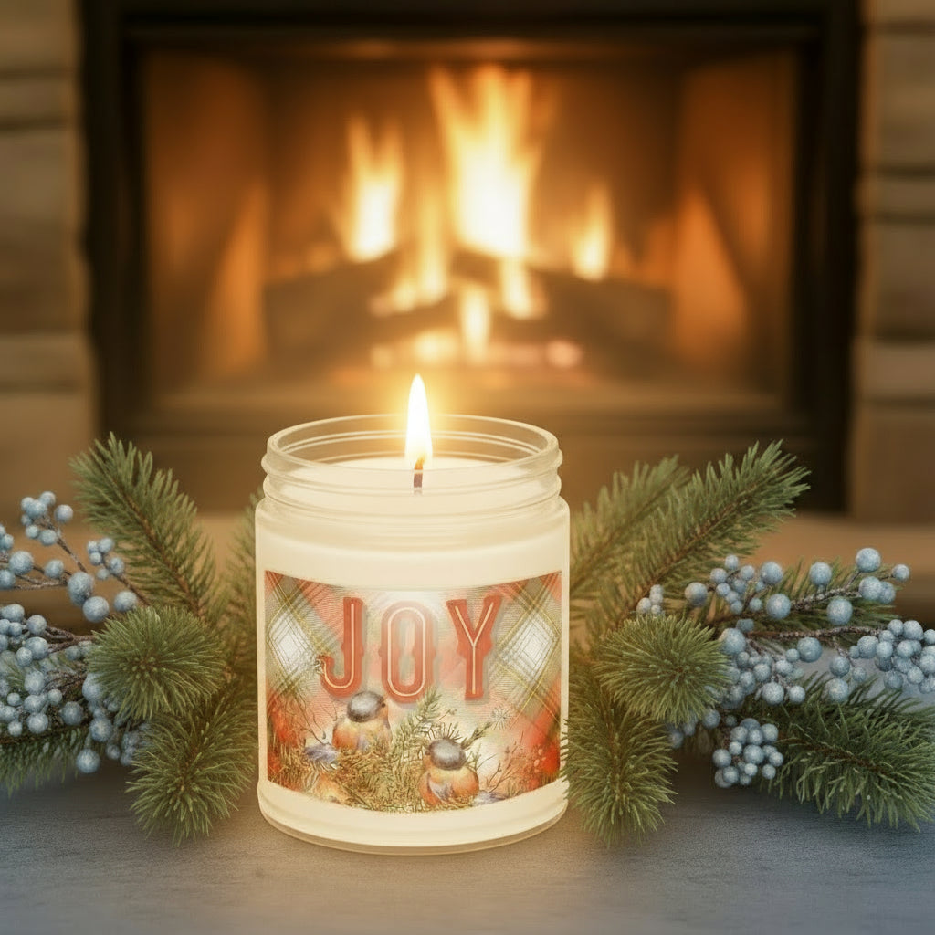 Candle in a jar burning with image that is red, white, grey, gold, and black tartan and two cute birds looking at the word "Joy."