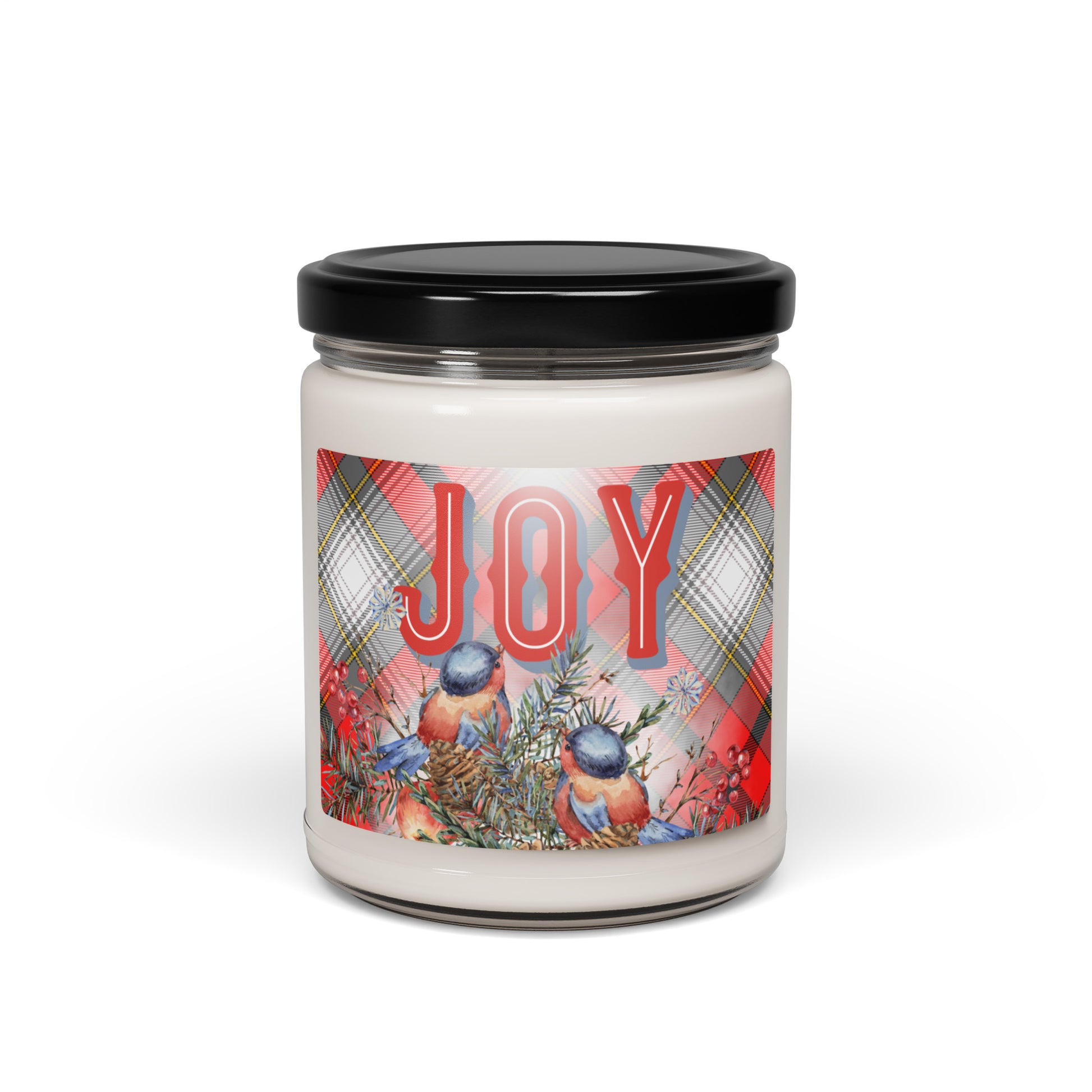 Candle in a jar with red, white, grey, gold, and black tartan and two cute birds looking at the word "Joy."